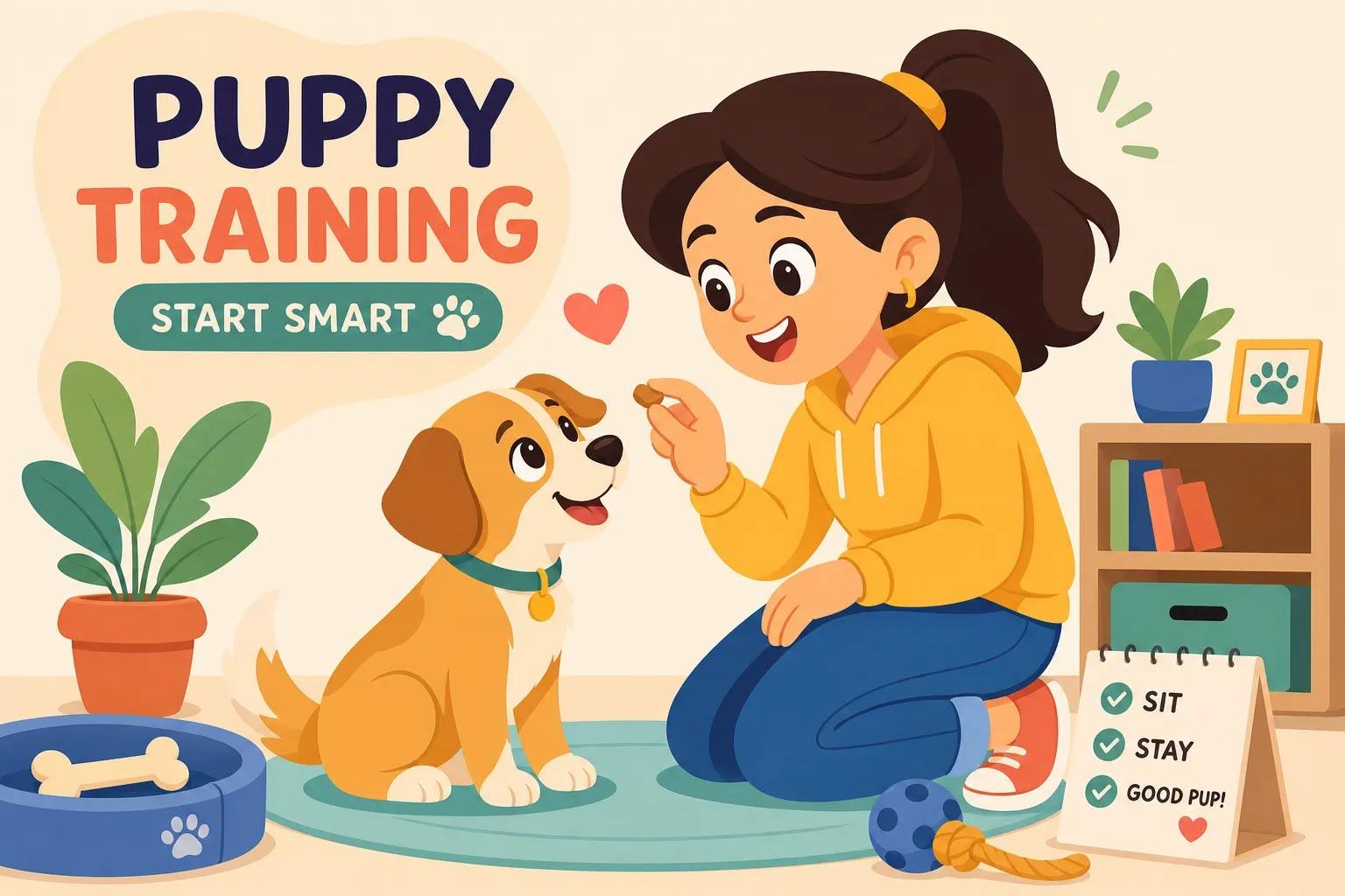 Illustrated puppy training guide showing a child teaching a puppy basic training