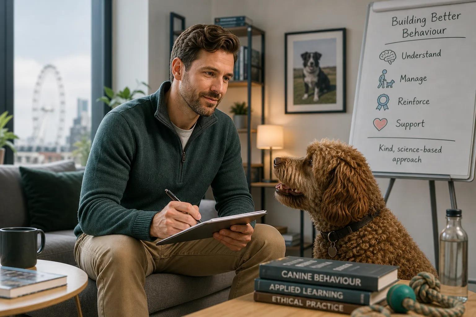Dog behaviourist writing a behaviour assessment plan during an in-home consultation with a dog in London